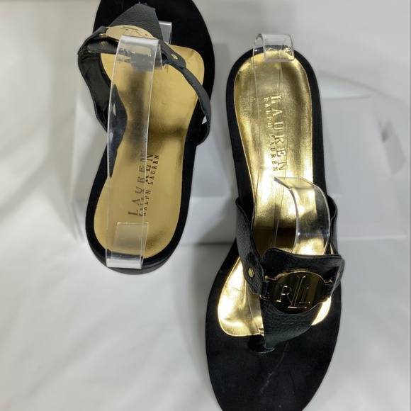 Ralph Lauren LRL Kalana Leather  Sandals Size 10B in black and gold - Picture 6 of 9